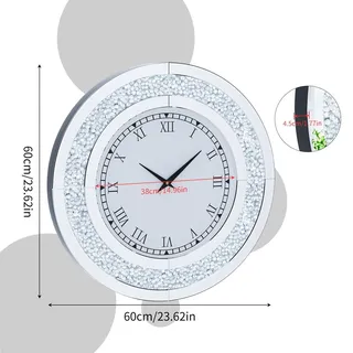 Runde Wanduhr mit einem Durchmesser von 60 cm, verziert mit geschliffenen Kristall-Diamanten und einem geräuschlosen Quarzwerk, ideal für das Wohnzimmer