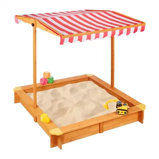 Relaxdays Holzsandkasten mit verstellbarem Dach Hellbraun/Rot/Weiß