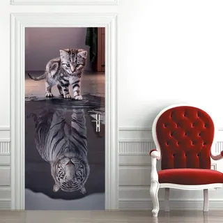 3D Türtapete Selbstklebend Türaufkleber - Katze wird Tiger - Türfolie Poster PREMIUM PVC Wasserfest Wandtattoo Für Schlafzimmer Wohnzimmer Tür Dekoration Tapete 80 x 200 cm