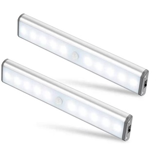 MOSTON 2er Set 10 LED USB Wiederaufladbar Magnetisch Bewegungsmelder Nachtlicht,auto EIN/AUS Schrankbeleuchtung,tragbar schnurlos kleben Irgendwo für Schränke Kleiderschrank(Silber Schranklicht)