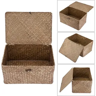Aufbewahrungskorb aus Seegras mit Deckel aus geflochtenem Seegras für Schreibtisch, Badezimmer, Aufbewahrungsbox, Regale, dekorativer Korb, multifunktionaler Aufbewahrungskorb (Kaffee, groß)