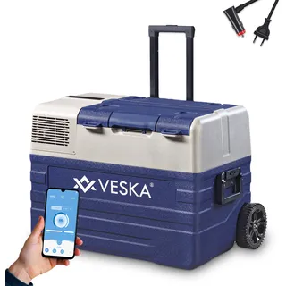 Kompressor Kühlbox elektrisch, Kühltruhe mit APP-Steuerung, USB-Anschluss, Teleskopstange, Räder, 12/24V, 230V - 42 Liter - blau - Blau