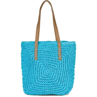 styleBREAKER Papierstroh Schultertasche mit langen Henkeln | Damen Basttasche Korbtasche geflochten mit Reißverschluss | Boho Shopper Sommertasche 40 x 40 x 5 cm, Farbe:Türkis