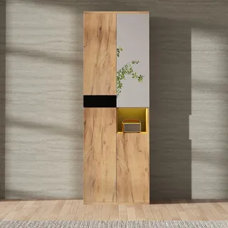 Flieks Hochschrank Aufbewahrungsschrank mit Spiegel und 4 Türen, Sideboard Standschrank mit offenen Staufächern, 65x35x190cm, Naturbelassen - Naturbelassen