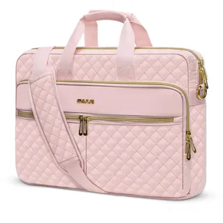 MOSISO Laptoptasche 16 Zoll, Laptop Schultertasche Damen, 15-15,6 Zoll Aktentasche Handtasche Quadratisch Gesteppt Laptop Umhängetasche Büro Reisen Business mit 3 Taschen&Riemen, Rosa