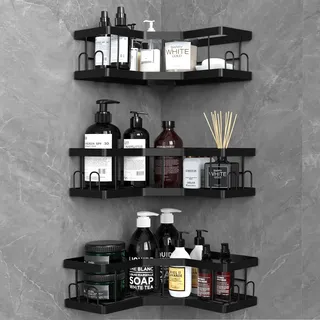 AceMining Duschablage Ohne Bohren, 3 Pcs Schwarz Duschregal, Kohlenstoffstahl Badregal mit Kleber, Shampoo Halterung für Dusche, Rostbeständiger Duschkorb, Dusche Halterung Zubehör, Badezimmer Regal