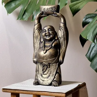 FABRIQ Glücklicher Buddha 41 cm – Gold/Grau – Wetterfest – Feng Shui Buddha Figur für Garten & Innen
