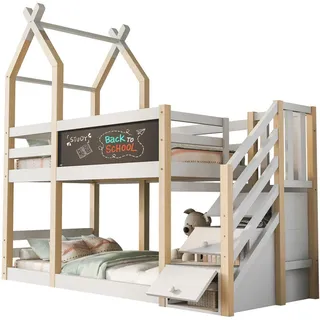 Redom Etagenbett 90/200 cm mit Tafel, Stauraumtreppe aus Massivholz und Mdf, Baumhaus-Design, Weiß , Holzwerkstoff , 90x90 cm , Babymöbel & Kindermöbel, Kinderzimmer & Jugendzimmer, Stockbetten