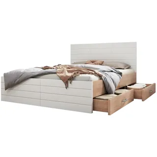Redom Holzbett 140/200 cm mit 2 Schubladen, Lattenrost und Matratze aus Massivholz und Mdf, Weiß/Eiche , Holzwerkstoff , 140x200 cm , Schlafzimmer, Betten