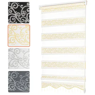 Doppelrollo Klemmfix ohne Bohren mit Perlen mit Volant Jalousien Gardinen Blumen Ranken Muster Weiß Gold 70 x 200 cm (Stoffbreite 66cm) - Gold
