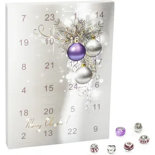 VALIOSA Mode-Schmuck Adventskalender mit Halskette, Armband + 22 individuelle Perlen-Anhänger aus Glas & Metall, das besondere Geschenk für Mädchen & Frauen, lila, 24-teilig (1 Set) - Weiß