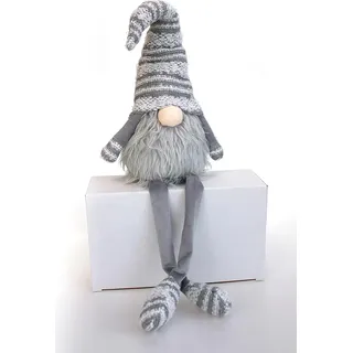 Kantenhocker Deko Figur Wichtel Figur Gnom 60 cm lang, Textil Strick grau weiß, Dekofigur Regalsitzer Schlenkerbein Winterwichtel