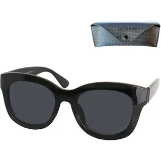 Lesesonnenbrille Damen Retro Dicker mit großen Gläsern und Schutzetui | UV400, getönte Gläser und markanter Oversize-Rahmen; Schwarz mit Etui, Braun gemustert mit Filzetui.