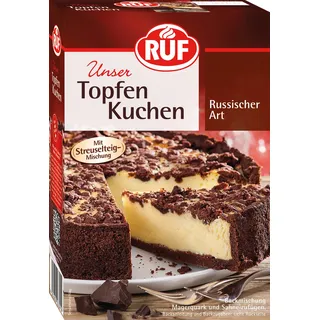 Ruf Russischer Zupfkuchen, Backmischung für einen Käsekuchen mit schokoladigem Streuselteig, Topfenkuchen, vegan