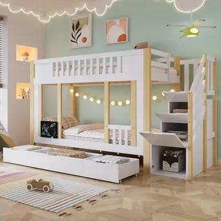 MODFU Etagenbett ohne Matratze 90x200 Bettgestell mit Lattenrosten,Kinderbett mit Stauraum und Treppenschrank,Jugendbett mit drei Schubladen auf Rollen,Weiß+Natur - Weiß