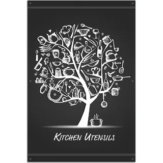 Wallario Outdoor-Poster für Garten oder Balkon, Motiv Kitchen Utensils - Baum aus Küchenutensilien in schwarz weiß, in ca. 61 x 91,50 cm - Schwarz