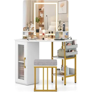 Eck-Schminktisch mit Hocker, LED-Spiegel und Ladeanschlüssen