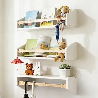 comfoyar Bücherregal Kinder Wand 3er Set, Holz Wandregal Kinderzimmer für Zeitschrift Bücher Lagerung, Schweberegal Holz und Bücherregal Hängend für Küche Schlafzimmer Wohnzimmer, Weiß Natürlich