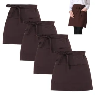 4 Stück Taillenschürze, 40 x 60 cm, braune Taillenschürze, Küchenschürze mit 2 Taschen, Kellner-Server, kurze Halbschürzen, Baumwolle, kurze Schürzen zum Kochen, Backen, für Damen, Herren, Restaurant