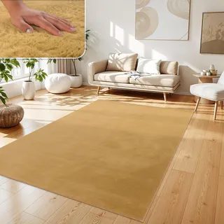 Paco Home Teppich Wohnzimmer Kunstfell weich waschbar modern elegant pflegeleicht Felloptik Uni Seidenglanz flauschig Hochflor, Grösse:160x220 cm, Farbe:Gelb