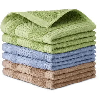 Amazon Basics Küchentücher aus 100% Bio-Baumwolle mit Waffelmuster - Hochsaugfähige, Schnelltrocknende, Fusselfreie Geschirrtücher, 31 x 31 cm, 6er-Pack (Sortiert Braun, Grün, Marineblau)