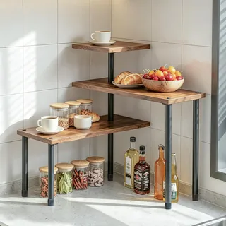 Awoyep Eckregal Küche Organizer Verstellbar Küchenregal Klein Holz Retro | 3 Etagen Gewürzregal Stehend 90°-180° Arbeitsplatte Schrank Regal Schwarz Metall Gewürzständer für Kosmetik Bad Platzsparend