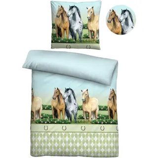 Biberna Linon Bettwäsche Pferde Größe 135x200/80x80 cm grün - Grün