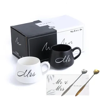 McBecdy 2 Stück Mr und Mrs Tassen - 400ml Partnertassen Kaffeetassen Set mit Löffel - Pärchen Geschenke Hochzeitsgeschenke für Brautpaar Verlobung Valentinstag Weihnachten