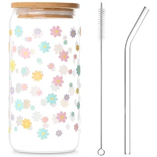Dermalyx 500 ml Bunte Gänseblümchen Sommer Glas mit Strohhalm, Trinkglas für Party Deko, Sommer Geschenk für Garten & Strand, Aesthetic Cocktail Glas