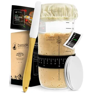besøk Sauerteig Starter Set - 600ml Gärglas mit Spatel u. Thermometer - Brot Backen Zubehör, Sauerteig Glas, Fermentieren, Sourdough Starter Kit, Anstellgut Glas Behälter, Fermentierglas