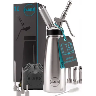 B-ARS Sahnespender 1L Edelstahl, Sahnesyphon mit Tüllen und Bürste | Dekortüllen, Reinigungsbürste, Rezept-eBook, Edelstahl, Desserts und Backen, für Profis