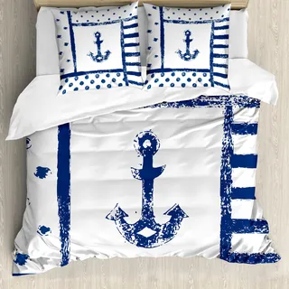 ABAKUHAUS Anker Bettbezug, Grunge Boat Navy Theme, Milbensicher Allergiker geeignet mit Kissenbezügen, 155 cm x 220 cm - 80 x 80 cm, Dunkelblau Weiß - Weiß