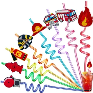8 Stk Thema Feuerwehr Strohhalme, Wiederverwendbare Plastik Strohhalm, Lockige Party Trinkhalme, Trinkhalme für Kindergeburtstagsparty-Dekoration, Zubehör Familientreffen, Partygeschenke