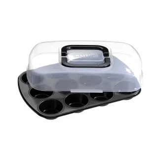 Kaiser Bake & Take Muffinform mit Haube, 12 er, Mit Transporthaube antihaftbeschichtet klappbarer Griff praktisches Frischalten, Maße: 38 x 27 cm