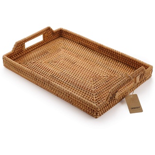 Serviertablett Rechteckiges Tablett rutschfest Mit Griff, Rattan (Natürlich, 43x29x4.5cm)