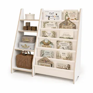 MAMOI® Bücher- und Spielzeugregal für Kinder, funktionales 2-in-1-Regal, Organizer mit Ablagen und Stofftaschen, Kinderbibliothek, Möbel im Montessori-Stil, 100% ökologisch, hergestellt in der EU