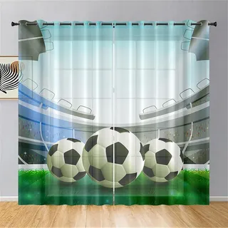Surwin Gardinen mit Ösen, Fußball Drucken Vorhänge Transparent Vorhang 2er Set, Kinder Fenstergardinen Voile Gardinen für Wohnzimmer, Schlafzimmer (140x160cm,Fußballfeld)