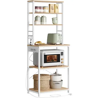 VASAGLE Küchenregal mit Steckdosen, 6 Regalebenen, 40 x 60 x 167 cm | Standregal für Küche, Mikrowellen-Regal, 6 Haken, Stahlrahmen, goldeiche-mattweiss, BARNET Kollektion KKS124Y01