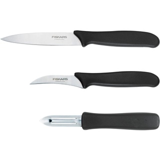 Fiskars Schäl-Set, 3-teilig, Schälmesser (11-cm-Klinge), Gemüsemesser (7-cm-Klinge), Sparschäler (7-cm-Klinge), Essential, Edelstahl / PP-Kunststoff, Schwarz, 1065600