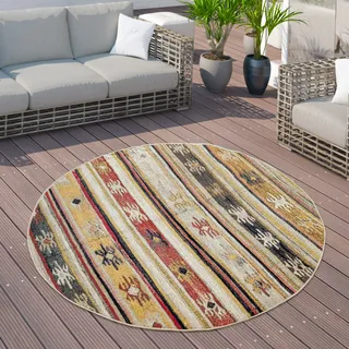 Outdoor Teppich Balkon Terrasse Vintage Küchenteppich Orient Muster Rauten Ethno Grösse 200 cm Rund - Bunt