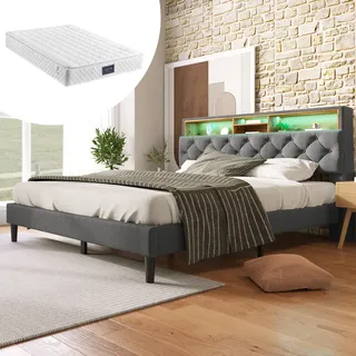 Flieks Polsterbett Doppelbett 140x200cm mit Matratze und Led, Kopfteil mit Stauraum, Massivholzbett mit Lattenrost Bettgestell - Grau