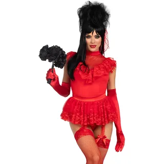 LEG AVENUE 3-teiliges Käfer-Babe, inklusive Spitzen-Rüschen-Strumpfband-Body, Pin-on-Bustle-Schleife und Schleier, Rot, Größe S