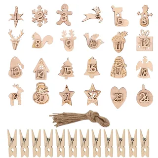Adventskalender Zahlen Holz, 24 Stück weihnachtsbasteln Holzanhänger Adventskalender Verzierung, 1-24 Weihnachten Countdown Zahlen Geschenkanhänger mit Holzklammern (B)
