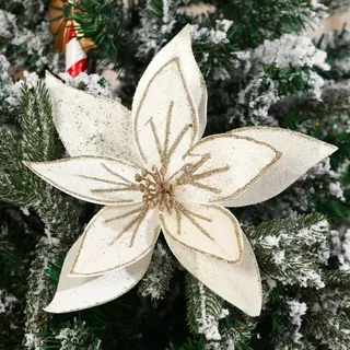 GL-Turelifes Große Glitzer-Weihnachtsblumen, 6 Stück, künstlicher Weihnachtsstern, Samt, Weihnachtsbaum Blumen Ornamente, gefaltete Blumen für Weihnachts Neujahr, Hochzeit Dekoration (Creme weiß)