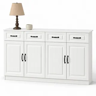 Stilvora Sideboard in Weiß Kommode mit verstellbarer Einlegeboden für Flur, Wohn-, Büros, B160/T35/TH80cm , Weiß, Naturfarben , Metall, Holzwerkstoff , 2 Fächer , 4 Schubladen , Rechteckig,Rechteckig , Bodenplatte , 160x80x35 cm , Kleinmöbel, Kommoden, Sideboards