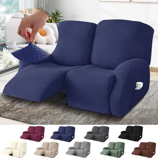 BOYIFEIJIE 2-Sitzer Sessel Überzug, Sesselbezuge Stretch mit Taschen, All-Inclusive Streifen-Jacquard Sesselschoner für Fernsehsessel Relaxsessel Sesselhusse (Blau, 6-Teilig)