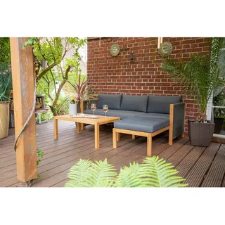 Acamp Loungegarnitur , Grau, Schwarz, Teakfarben , Holz, Textil , Akazie , Uni , Füllung: Schaumstoff, Fleece,Schaumstoff, Fleece , L-Form , 198x132 cm , lichtecht, UV-beständig, wetterbeständig , Gartenmöbel, Loungemöbel, Loungegarnituren