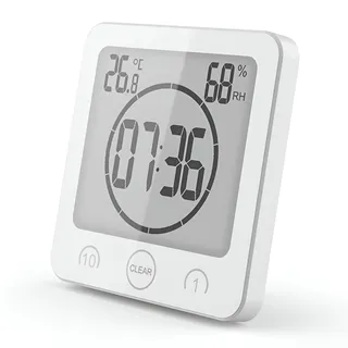 VORRINC Badezimmeruhr Digital Wecker Bad Uhr, Shower Clock mit Saugnapf LCD Display, Baduhr, Luftfeuchtigkeit Temperatur Wanduhren, Countdown Timer Für Dusche Küche (Weiß)