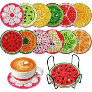 SOSMAR 12 Stück Diamond Painting Untersetzer mit Obst Muster, DIY Set mit Halter & Vollständigen Werkzeugen für Erwachsene, Kinder und Anfänger​