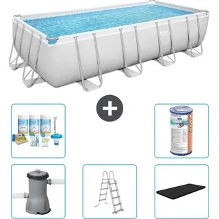 Bestway Rechteckiges Power Steel-Schwimmbecken – 488 x 244 x 122 – Grau, inklusive Pumpe – Leiter – Abdeckung Wartungspaket - Filter